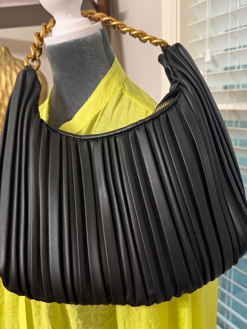 Madison West Black Pleated Shoulder Bag with Gold Chain